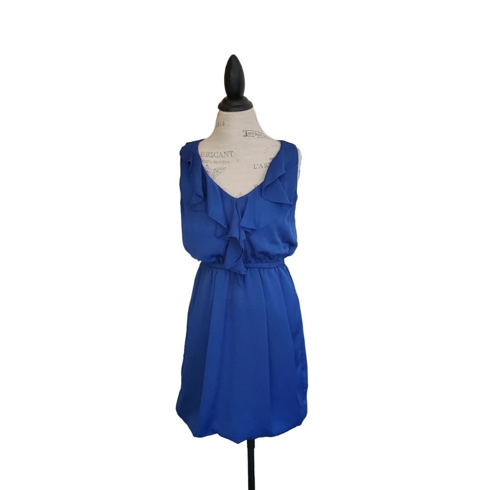 LE CHATEAU | Electric Blue Mini Sleeveless Ruffle Collar Dress (Size 9/10) - Picture 3 of 7